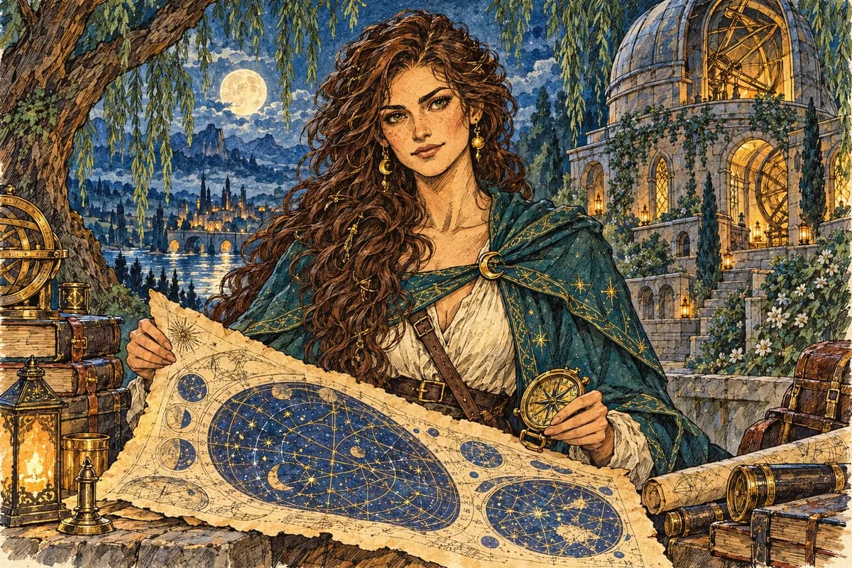Elian, a thoughtful woman with wavy chestnut hair, a teal cloak, a compass, and a star chart.