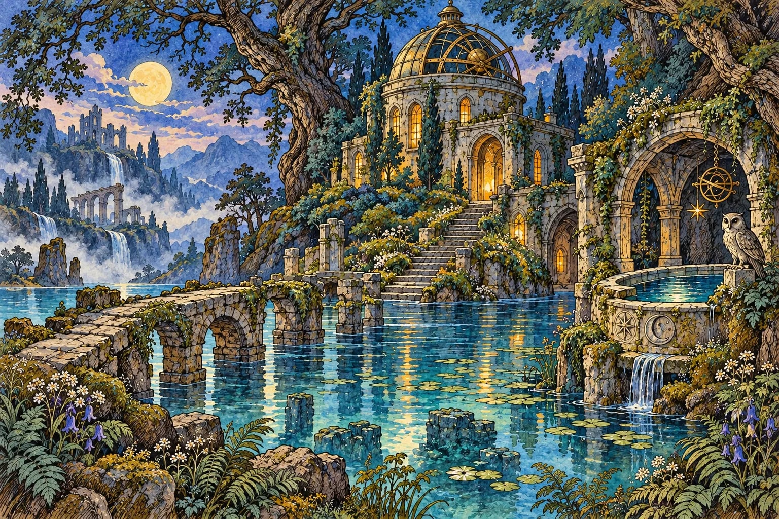 A moonlit, hand-illustrated observatory above a flooded woodland, with a stone crossing, a silver cistern, and an owl guardian.